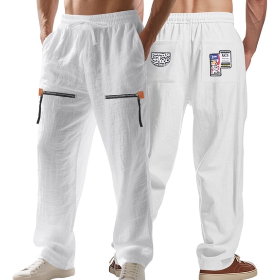 zbxnLI Mens Linen Pants Zipper Printed Beach Baggy Trousers Lightweight Casual Pants with Pockets