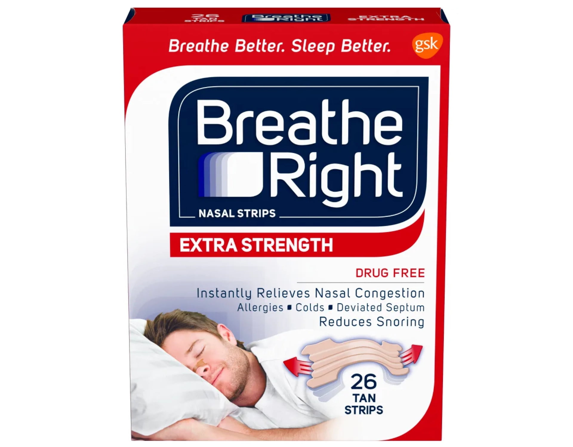Breathe Right Extra Strength Nasal Strips for Drug-Free Congestion Relief, Tan, 26 Count - Pack of 2