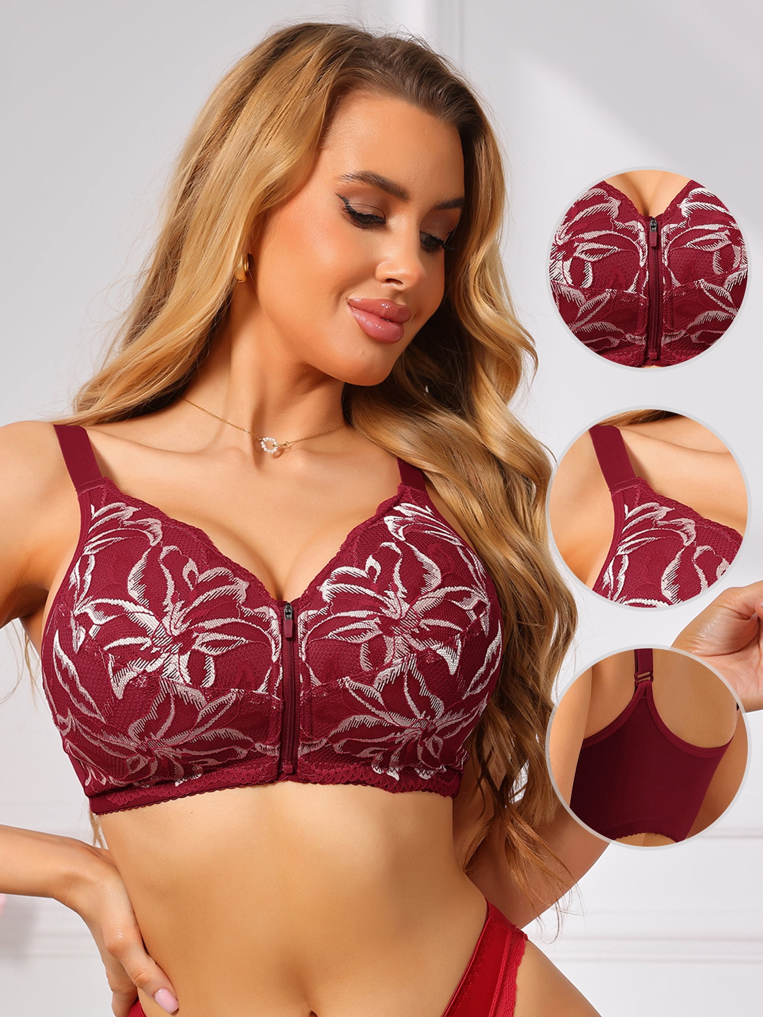 DARING DIVA Women's Lace Front Zipper Push Up Full Coverage Wireless Bra M Red