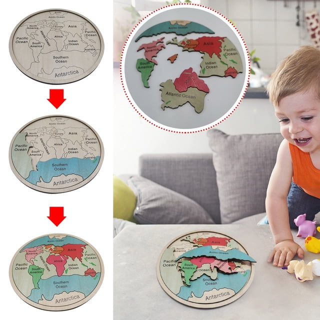 Rompecabezas de continentes de madera para niños XOAIHY: colorido juguete educativo de geografía para jardín de infantes: decoración del hogar de aprendizaje temprano para niños.
