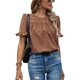 thumbnail image 1 of Camisa de manga corta con volantes para mujer Blusa de cuello redondo con estampado de flores para fiestas Compras Viajes de ocio al aire libre Marrón S, 1 of 6
