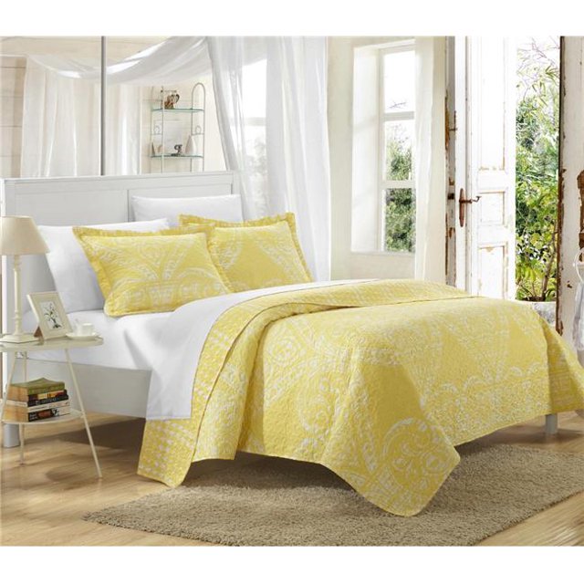 Chic Home QS3412-BIB-US Ensemble de Courtepointe Très Grand Imprimé Réversible de 7 Pièces & 44; Jaune avec Jeu de Feuilles