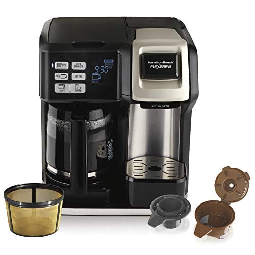 Hamilton Beach FlexBrew Trio Cafetera de 2 vías, compatible con cápsulas o molidos K-Cup, porción individual y olla completa de 12 c, filtro permanente en tono dorado, negro y plateado