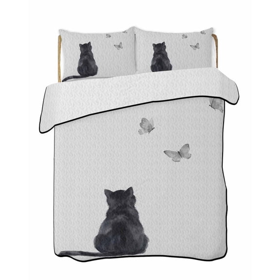 Quilts Queen Size Bedding Set, Funny Black Cat Lightweight Quilted Comforter, Vintage Simple Cats Grey Butterfly Animals Reversible Bedspread Coverlet with Pillow Covers for All Season, 90" x 96"