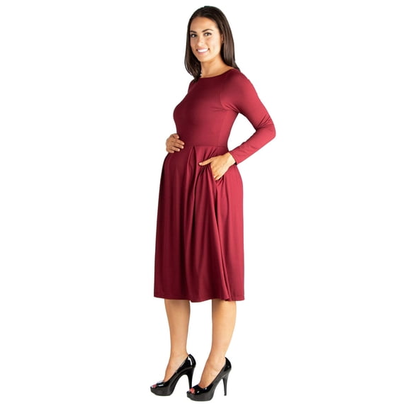 Maternity Boat Neck Fit N Flare Pocket Midi Dress