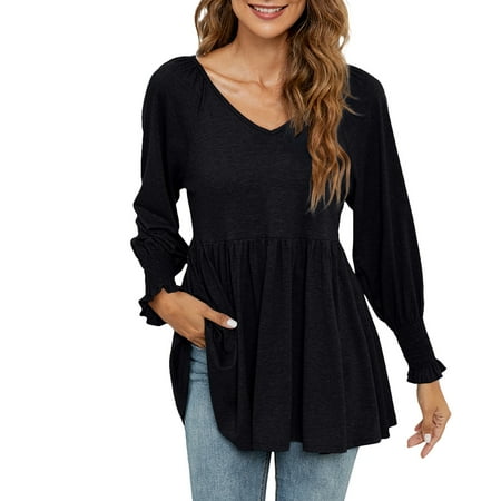 

Womens Babydoll Shirts Ruffle Lantern Long Sleeve Peplum Blouse Ruched V Neck Raglan T Shirt Plain Loose Flowy Tee