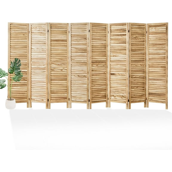 Room Partitions and Dividers, Temporary Wall with Double Hinges, 5.6 Ft Tall Folding Louver Wood Screen for Home Office Bedroom Hotel Decoration (8 Panels, Wood Color)