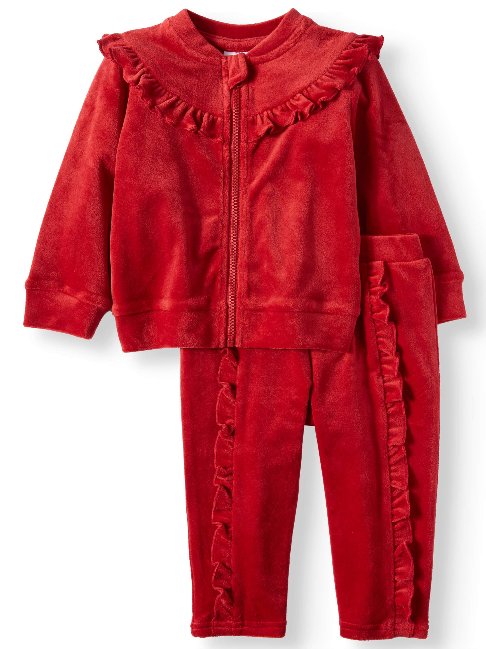 Wonder Nation - Ruffle Velour Top & Jogger Pants Tracksuit, 2-Piece Outfit Set (Baby Girls