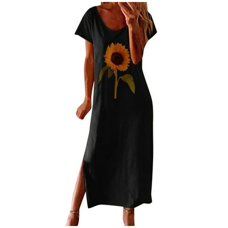 

Qufokar Temperament Bra Womens Cotton Dress Loose Women Dress Short Split Sunflower Print Casual Fashion Side O-Neck Sleeves Women S Dress