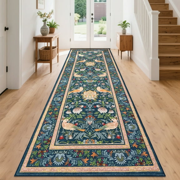 Assaile Traditional Songbirds & Blossoms Blue 2'x6' Area Rug for Living Room Bedroom， Washable Low-Pile Rug with Non-Slip Backing