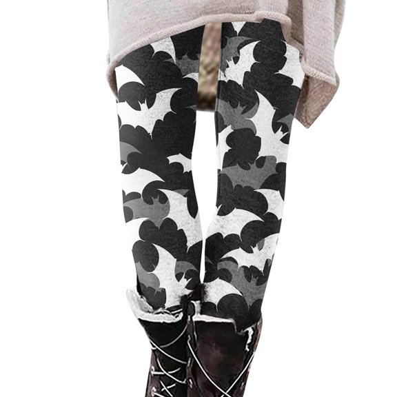SwiftWear Womens High Waisted Exercise Yoga Pants Workout Leggings for Women Cute Bat Holiday Print Running Tights, Black L
