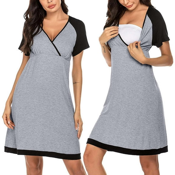 LoyisViDion Womens Maternity Dresses Clearance Pregnant Women Clothes Short-Sleeved Irregular Maternity Dress with Waist Gray L