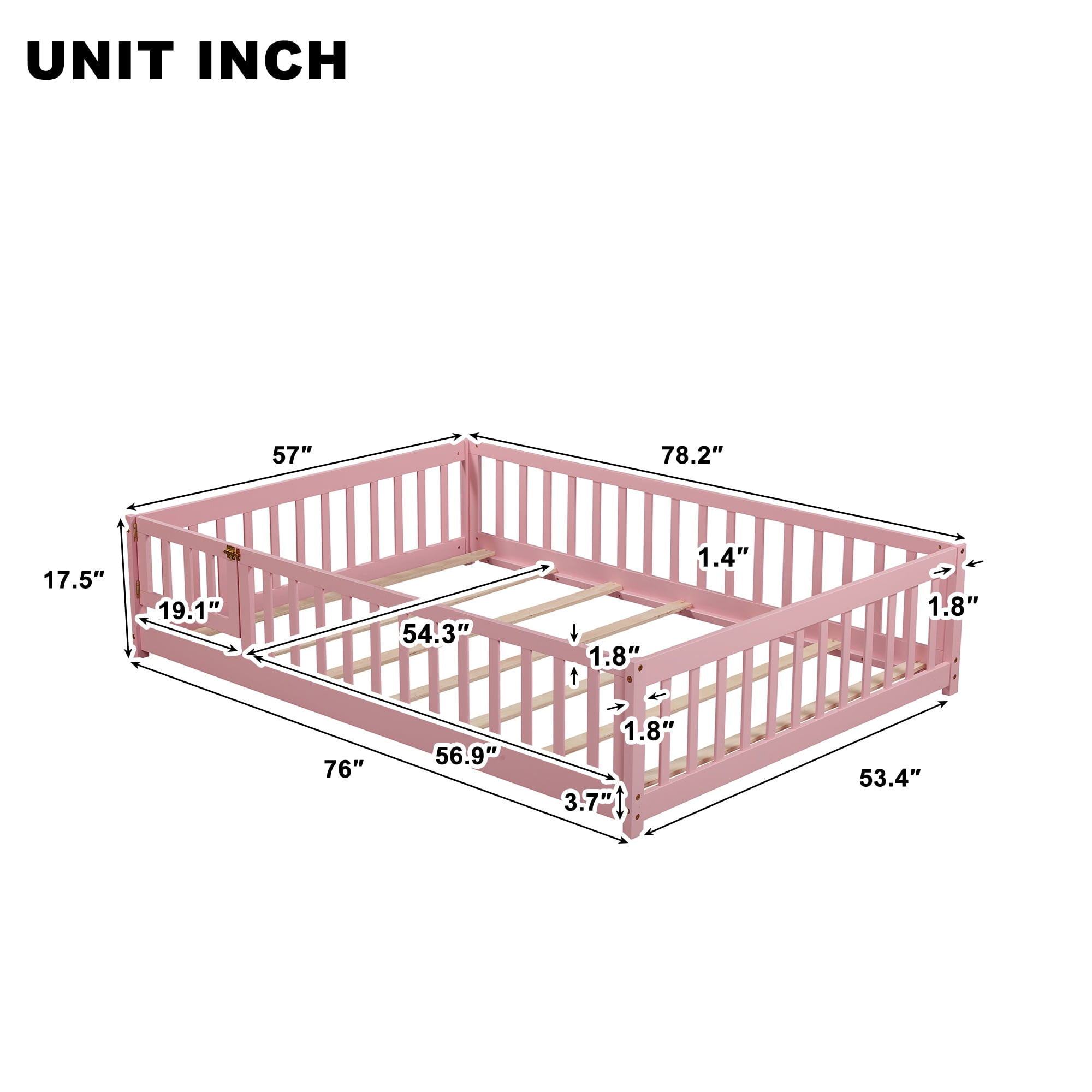 Miniyam Full Size Floor Bed for Kids, Montessori Bed with Slats, Safety Fence & Door, Pink