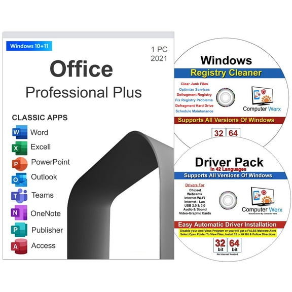 Office 2021 Pro Plus 64 Bit DVD & Registry Cleaner & Drivers Pack Software. 3 Pack