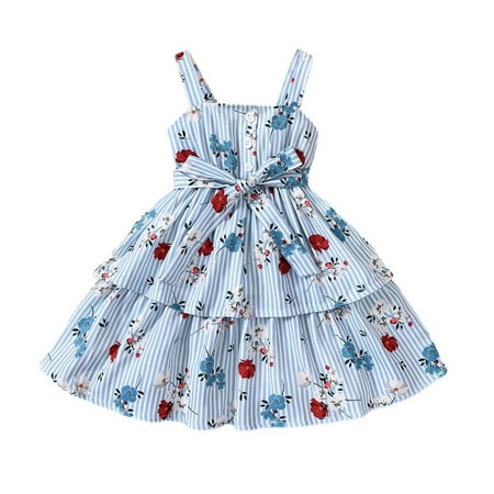 

B91xZ Dresses for Girls Kids Toddler Baby Girls Princess Dress Above Knee Dress Sleeveless Flower Striped Print Princess Dress Blue Sizes 5-6 Years