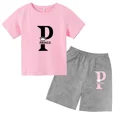 thumbnail image 5 of Conjunto de 2 piezas de camiseta y pantalones cortos de algodón con letras simples vintage de verano 2024 para niños, moda de tendencia para bebés y niñas, 5 of 5