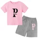 thumbnail image 5 of Conjunto de 2 piezas de camiseta y pantalones cortos de algodón con letras simples vintage de verano 2024 para niños, moda de tendencia para bebés y niñas, 5 of 5