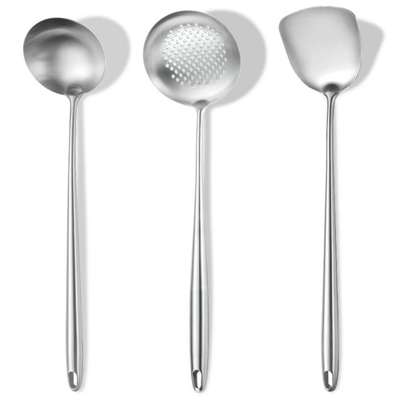 Jeaker Wok Spatula Set of 3, 17"/43.5cm Heat-Resistant Wok Tools Include Stainless Steel Spatula, Kitchen Ladle, Cooking Skimmer, Wok Utensils and Wok Accessories