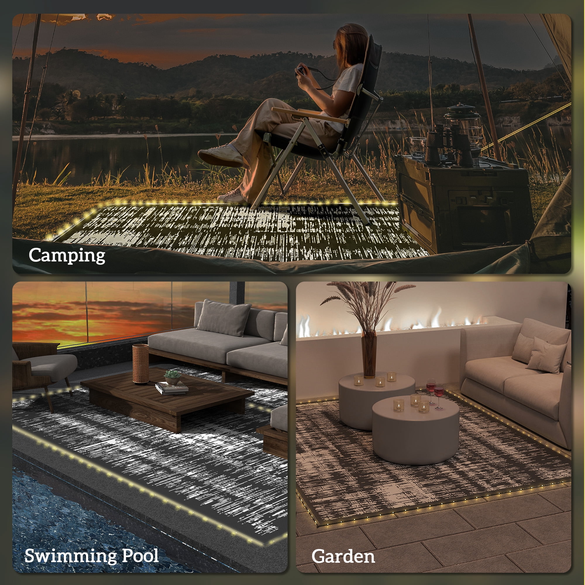 Outsunny Reversible Outdoor Rug Carpet with LED Lights 12' x 9' with Carry Bag & Ground Stakes for Backyard, Deck, Picnic, Beach