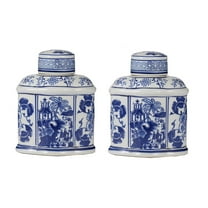 A&B Home Set of 2 Blue and White Chinoiserie Porcelain Lidded Jar
