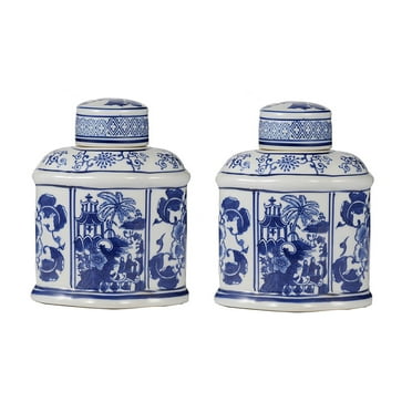 A&B Home Set of 2 Blue and White Chinoiserie Porcelain Lidded Jar