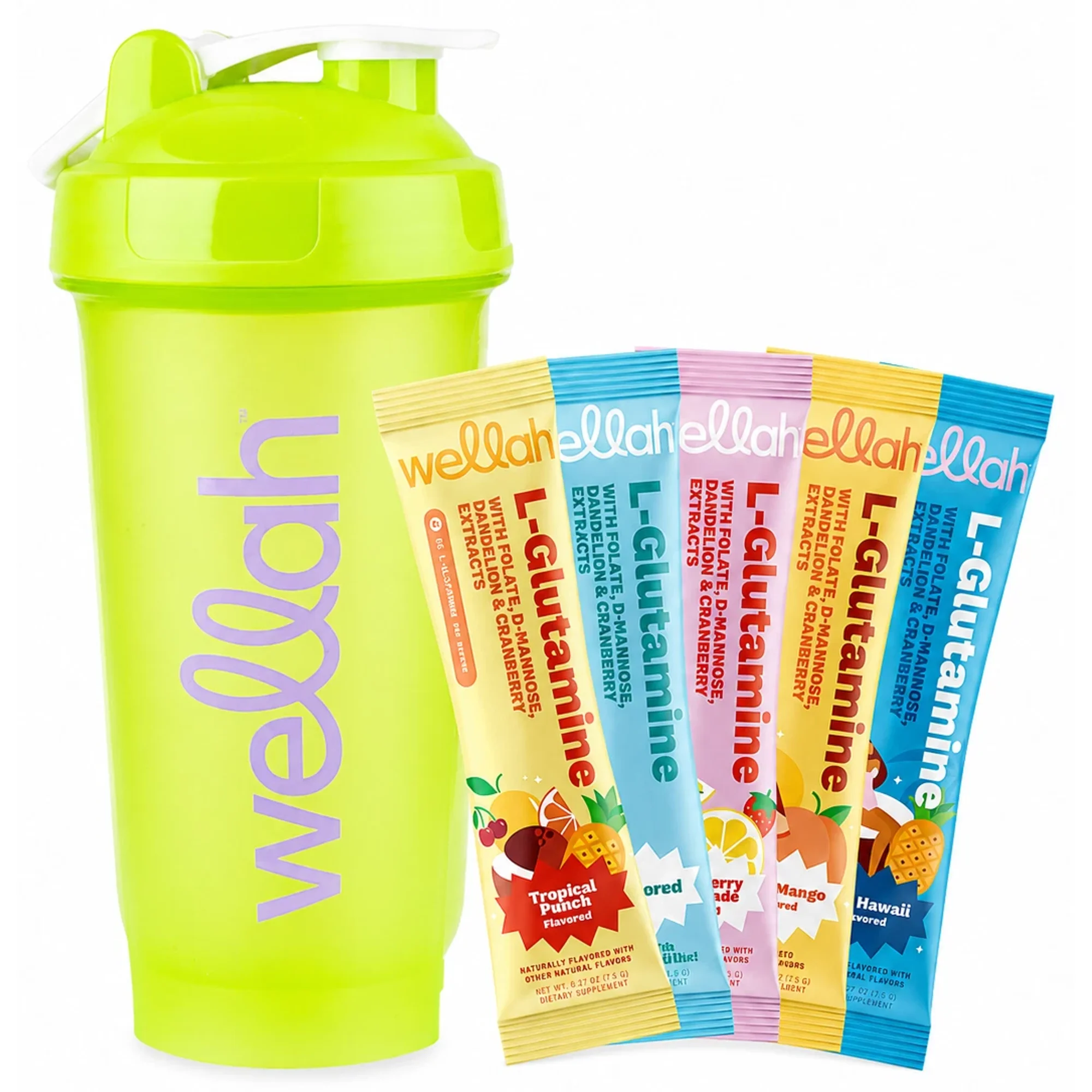 Wellah L-Glutamine Sample Pack With Shaker Bottle (5 Flavors)|With Folate, D-Mannose, Dandelion & Cranberry Extracts, 5g Per Serving, 5 To-Go Packets