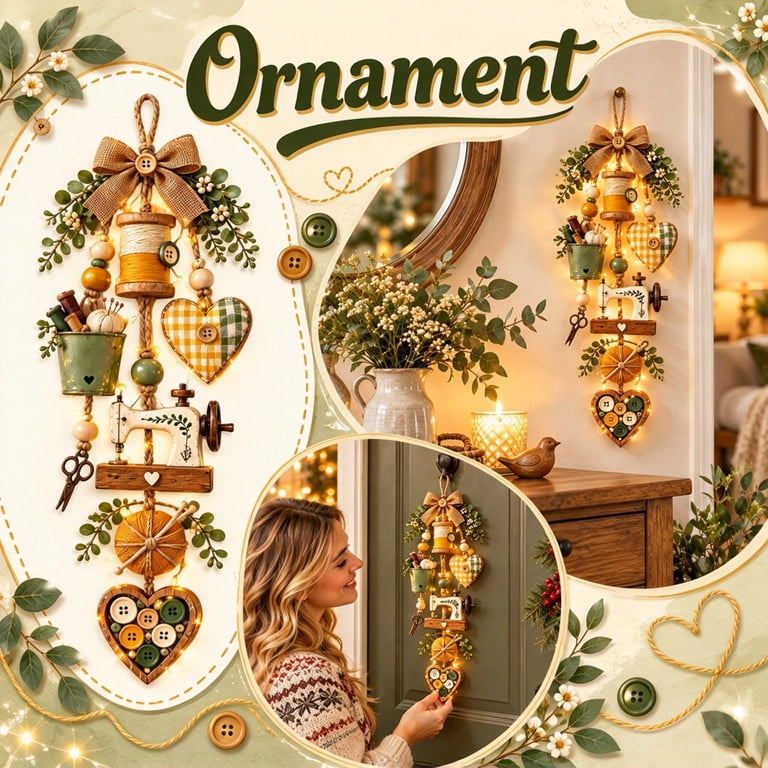 Wood Rustc Rustic Wooden Sewing Themed Hanging Ornament with Remote Control Fairy ...