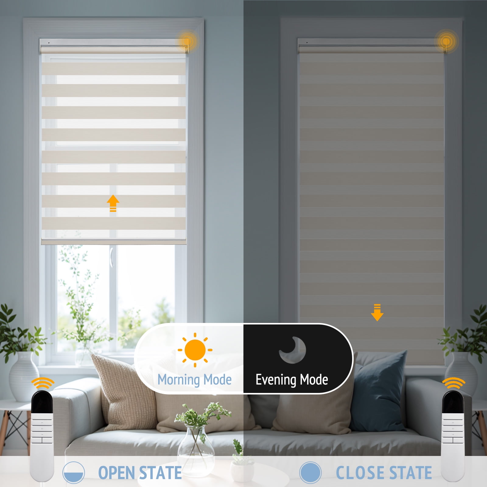 Keego No Drill No Tool Motorized Zebra Shades Blinds Remote Control Dual Layer Roller Shades Blackout Window Treatment - Apricot, 32"W x 56"H
