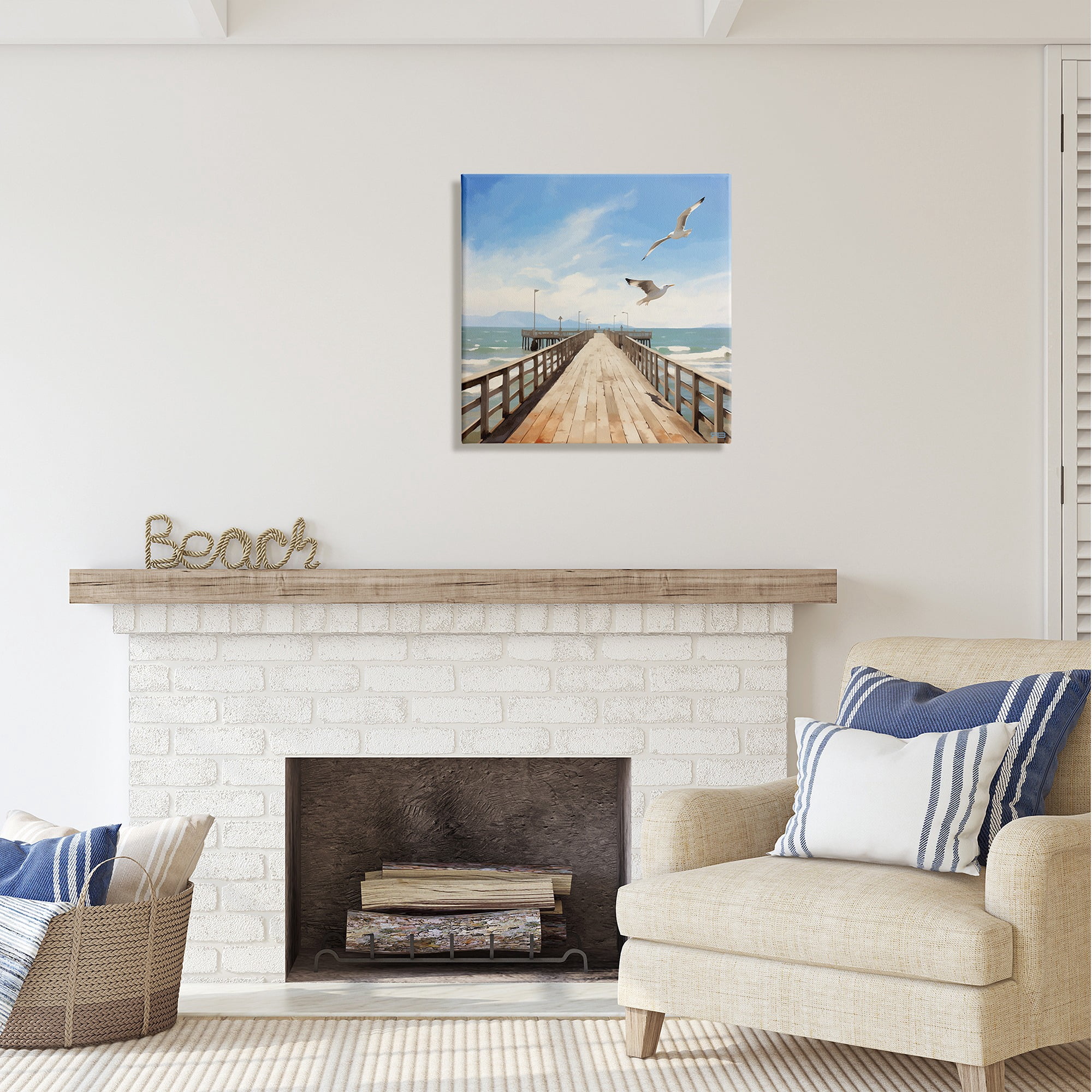 Stupell Industries Seagulls over Pier Landscape Painting Gallery Wrapped Canvas Art Print Wall Art, 24 x 24