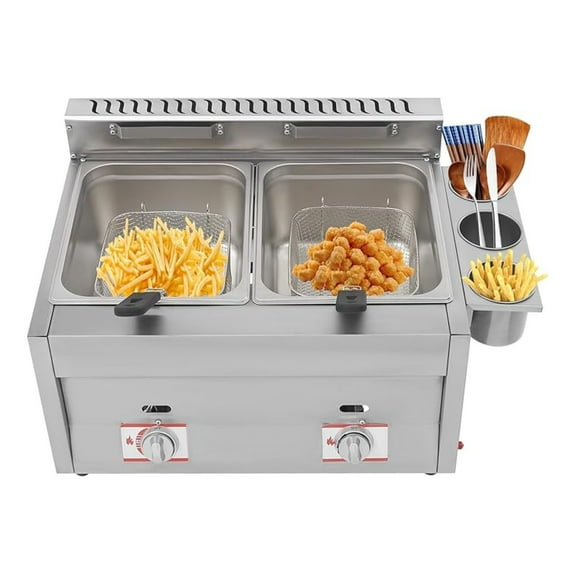Stainless Steel 10L*2 Gas Deep Fryer - Dual LPG Gas Countertop Fryer Machine for French Fries, Restaurant & Home Kitchen