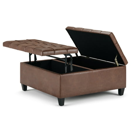 Simpli Home - Harrison 36 inch Wide Transitional Square Coffee Table Storage Ottoman in Faux Leather - Distressed Umber Brown
