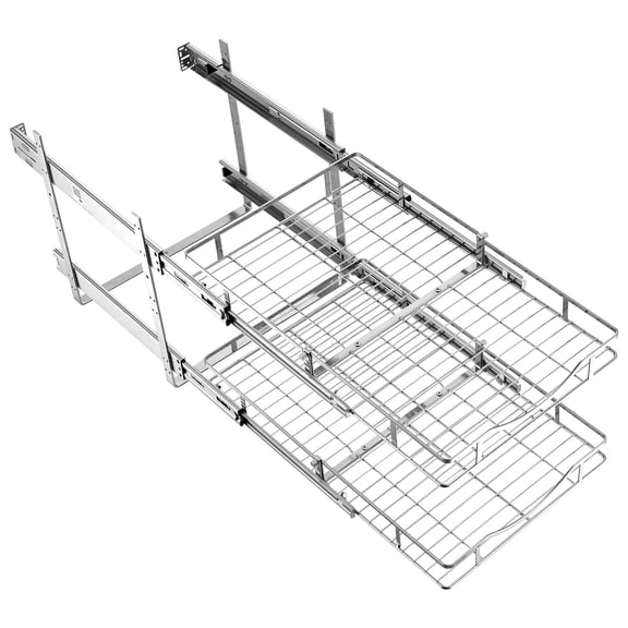 KFFKFF 2-Tier Slide-Out Cabinet Organizer, 14.17"W x 21.06"D, Chrome-Plated Steel Shelves for Kitchen, Bathroom, and Pantry Storage