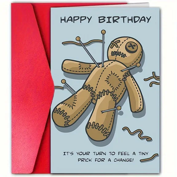 Funny Voodoo Doll Birthday Card - "Happy Birthday" with Hilarious Pun - Envelope Included, Blank Inside - Unique Gift for Friends, Family, or Anyone with a Sense of Humor