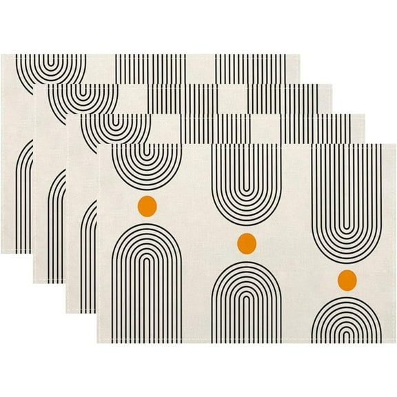 Boho Mid Century Placemats 12x18 Inch Set of 4, Abstract Simple Sun Arch Pattern Table Place Mat Boho Modern Yellow Spot Washable Table Mats Decorative Linen Fabric Table Mat for Dining Table