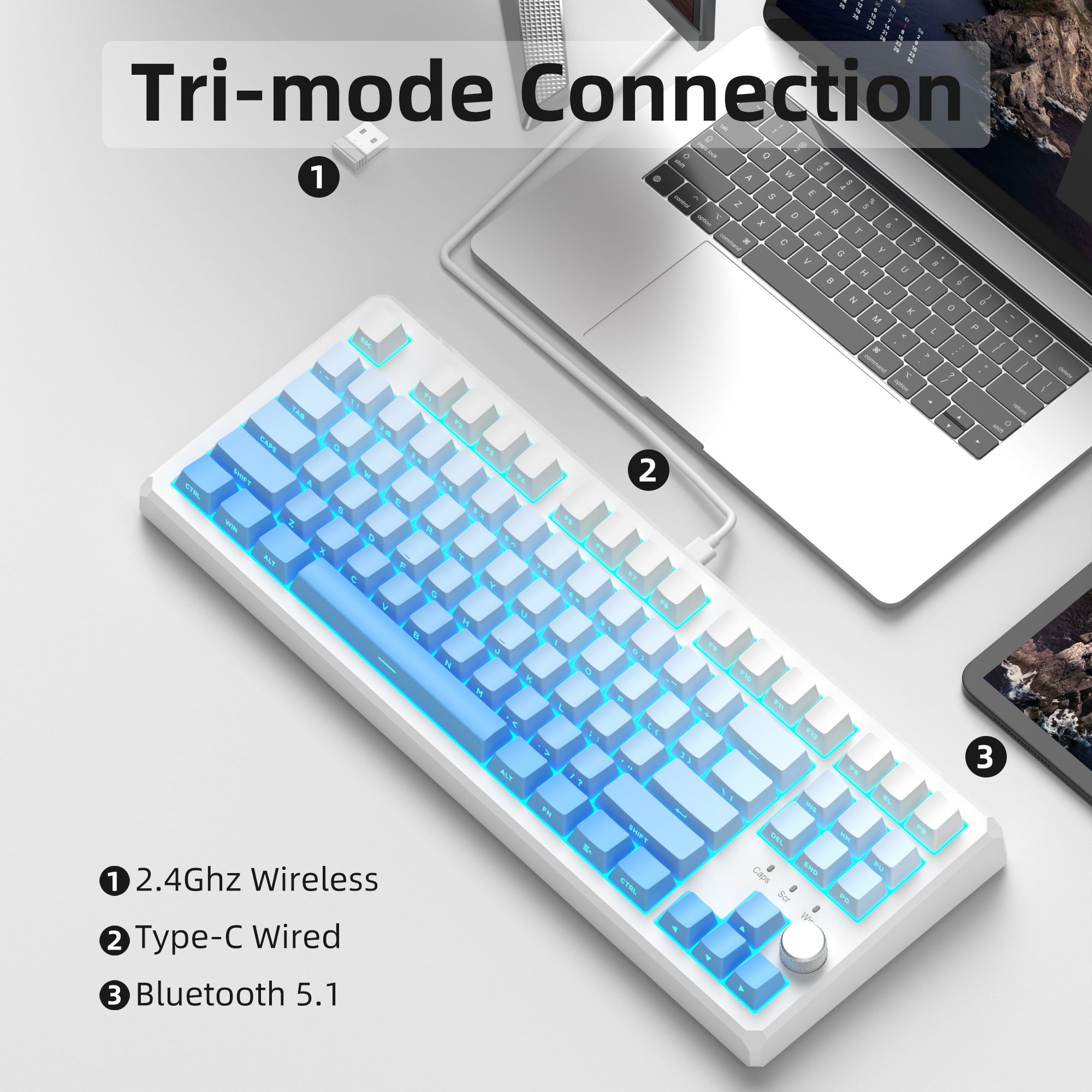 MageGee SKY87 Mechanical Wireless Keyboard Gasket 2.4G/USB/Bluetooth RGB PBT Side-Printed Hot Swap Custom Keyboard with Knob