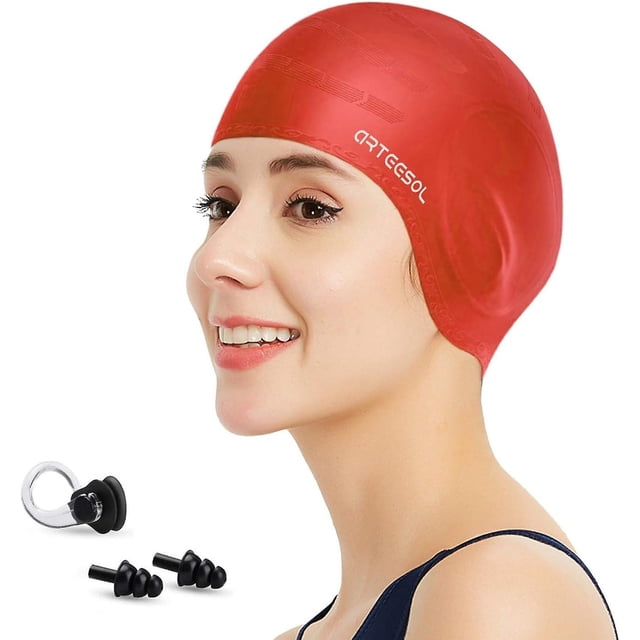 Swimming Cap Women Swimming Hat Silicone Swim Cap Swim Hat Waterproof Cap, 3D Ear Ergonomic Design, Anti-Slip Long Hair Swimming Cap for Women