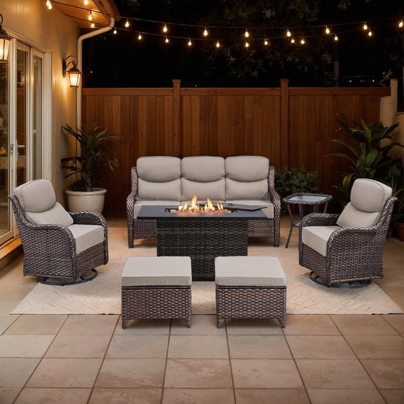 Bellefurn Luxury 7 Pieces Patio Furniture Sets with Fire Pit Table,Swivel Chairs with 6" Thick Cushion,Sofa and Ottomans,Patio Conversation Sets for Porch Deck Garden Backyard