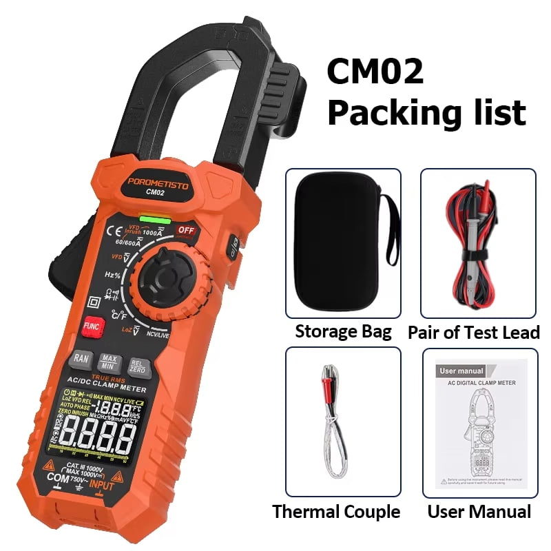 POROMETISTO-CM02 Digital Clamp Meter, 6000 Counts, Smart Measurement,True RMS,  Auto-Ranging Voltmeter, Non-Contact Voltage Detection, Measures AC/DC Volatge Live Wire