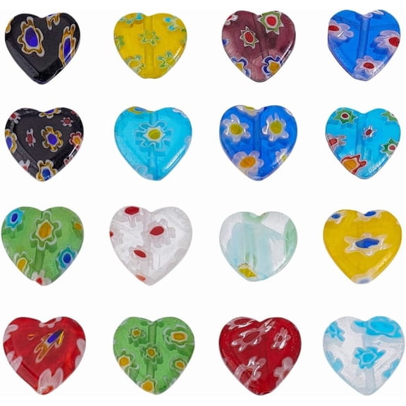 60Pcs Flat Heart Lampwork Glass Beads Bulk Flowers Glazed Bead Millefiori Lampwork Heart Loose Bead Colorful Love Craft Beads for Women DIY Bracelet Necklace Jewelry Making Hole: 1mm
