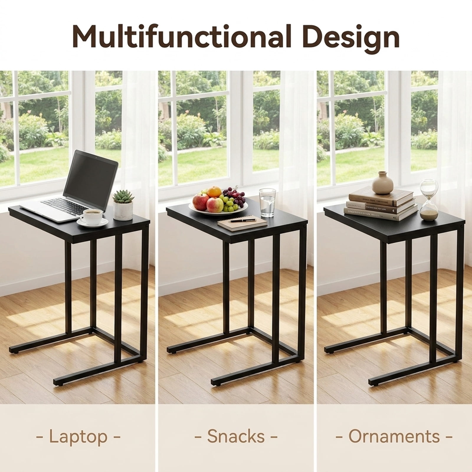 Furnibear C Shaped Side Table Sofa Snack End Table with Sturdy Metal Frame and Wood Grain Top for Living Room Bedroom and Couch, Black