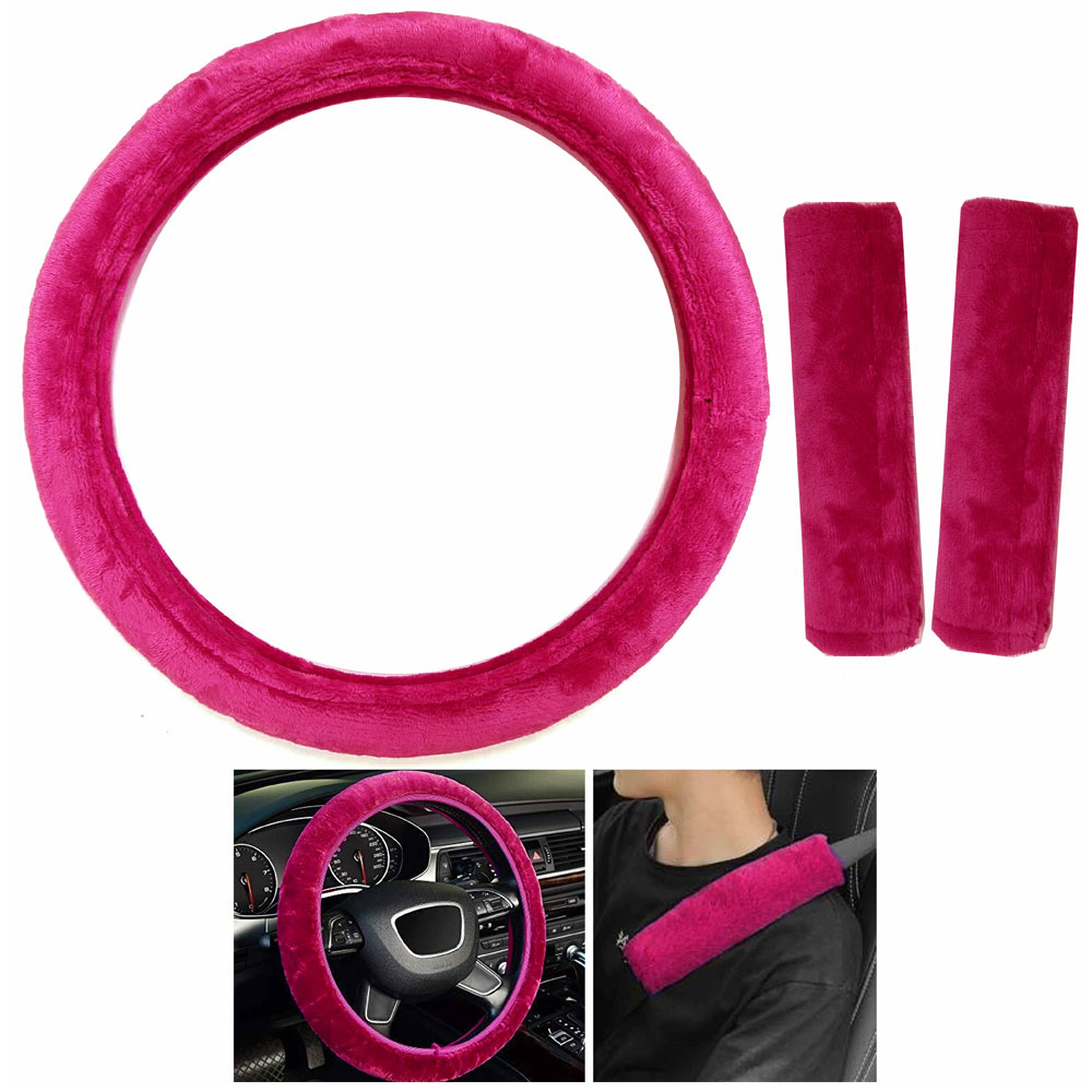 Pink Velvet Steering Wheel Cover Seatbelt Cushion Soft Universal 15