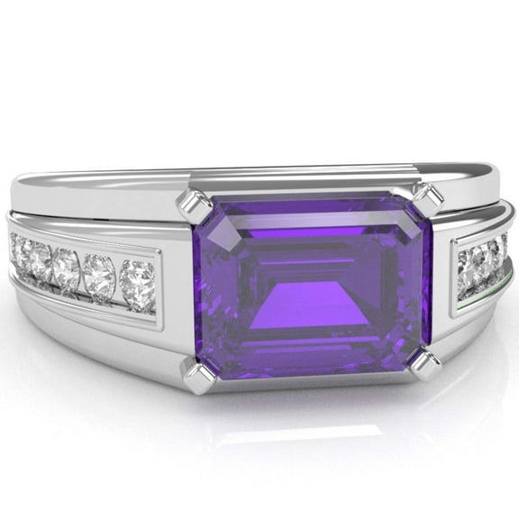Men's Amethyst Diamond Channel Ring In Solid 14k White Gold