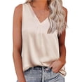 thumbnail image 2 of Tank Tops for Women Plus Size Sleeveless V-neck Satin Silk Solid Color Sexy Casual Loose Vest Top Beige L, 2 of 4