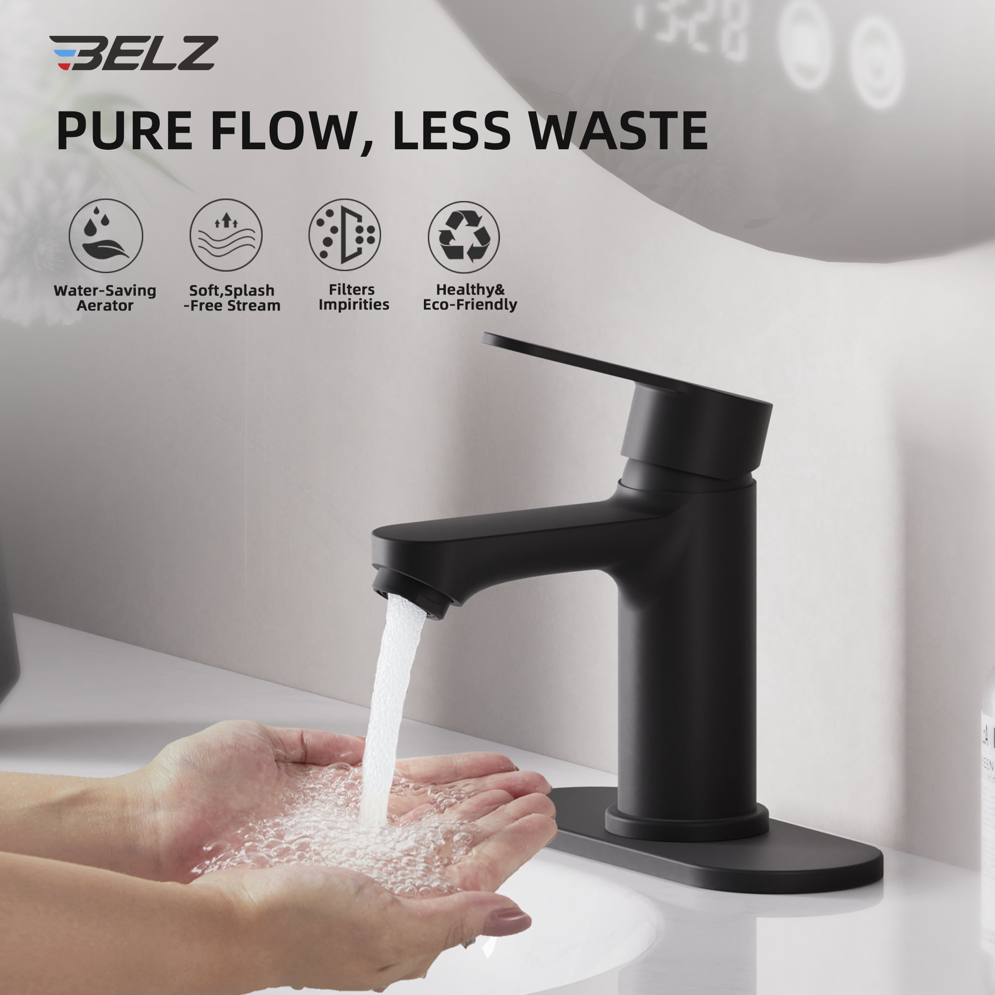 BELZ Bathroom Faucet, Single Handle Matte Black Sink Faucet for 1 or 3 Hole Installation, Modern Lead-Free Metal Vanity Faucet with Pop-Up Drain & Supply Hoses Matte Black