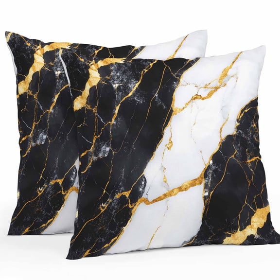 Outdoor Waterproof Pillow Covers Retro Black Gold Marble Texture Decorative Throw Pillow Protectors for Patio Sofa Garden Couch,18x18in 2 Pack