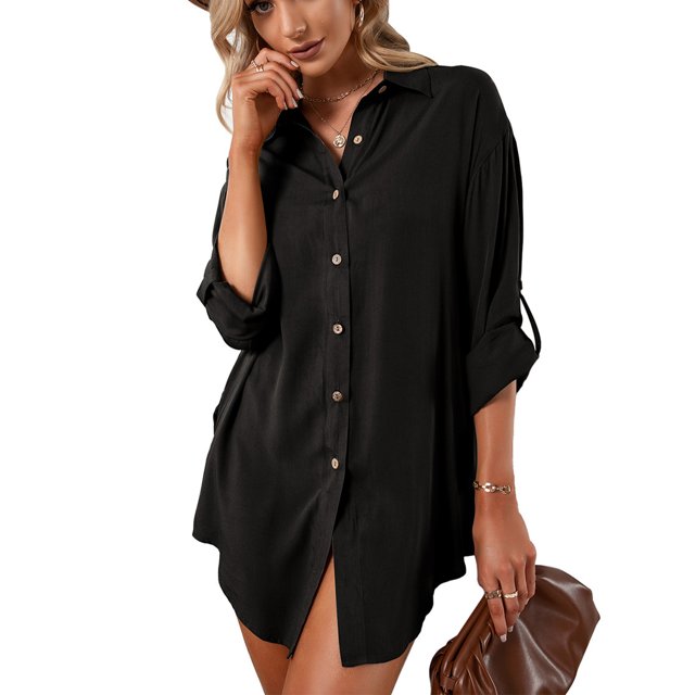 Top De Camisa De Longitud Media Para Mujer, Vestido De Camisa Con Solapa Para Mujer Lavable A Máquina Tela Cómoda Puños Amigables Con La Piel Everted Elegante Para La Vida ANGGREK CE1711