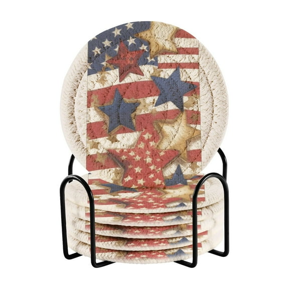American Flag Stars 6 Pcs Drink Coasters with Holder Absorbent Coasters Woven Coasters for Drinks Table Desk Protection Home Decor