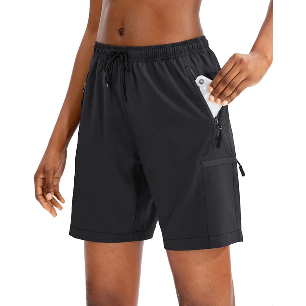 Pantalones cortos cargo SANTINY para mujer, de secado rápido, ligeros, para mujer, viajes, golf atlético, con bolsillos con cremallera (Black_L)