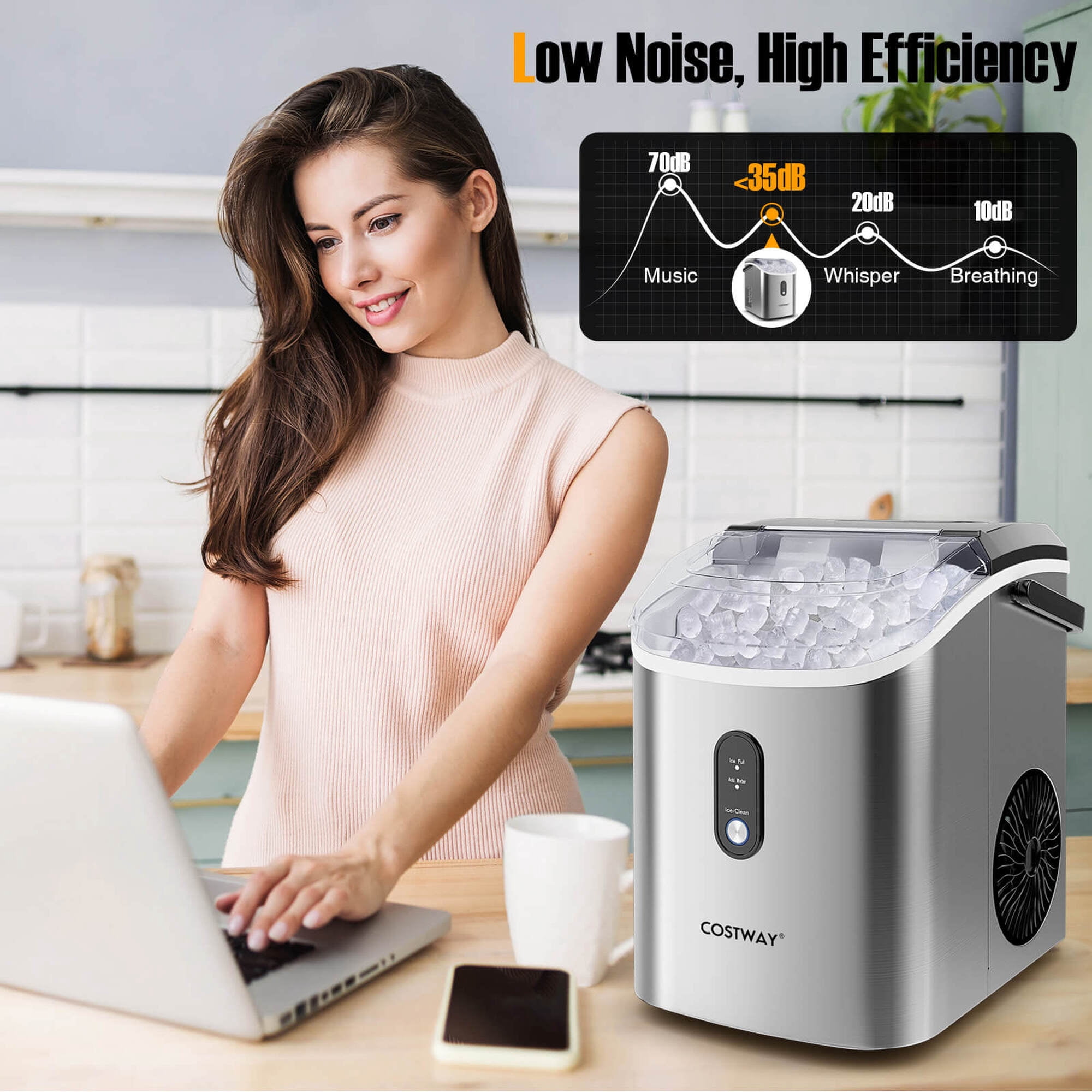 Costway Countertop Ice Maker with Soft Chewable Pellet Ice  Ready in 6 Mins Silver