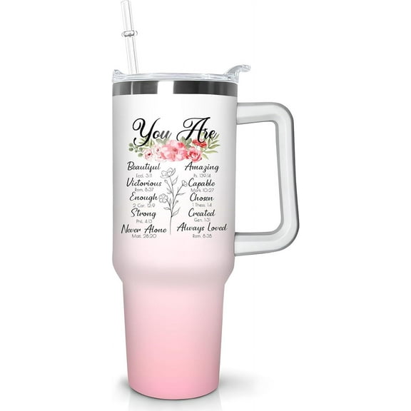 Inspirational Christian Gifts For Women - Unique Motivational Religious Catholic Christmas Birthday Gifts for Her 40oz Insulated Stainless Steel Tumbler with Handle and Straw Lid Cup Mug